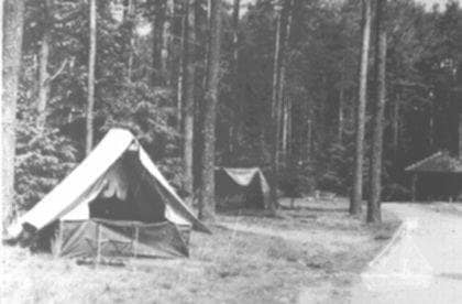 Um 1955: Zelte im Wald auf dem Campingplatz um 1955