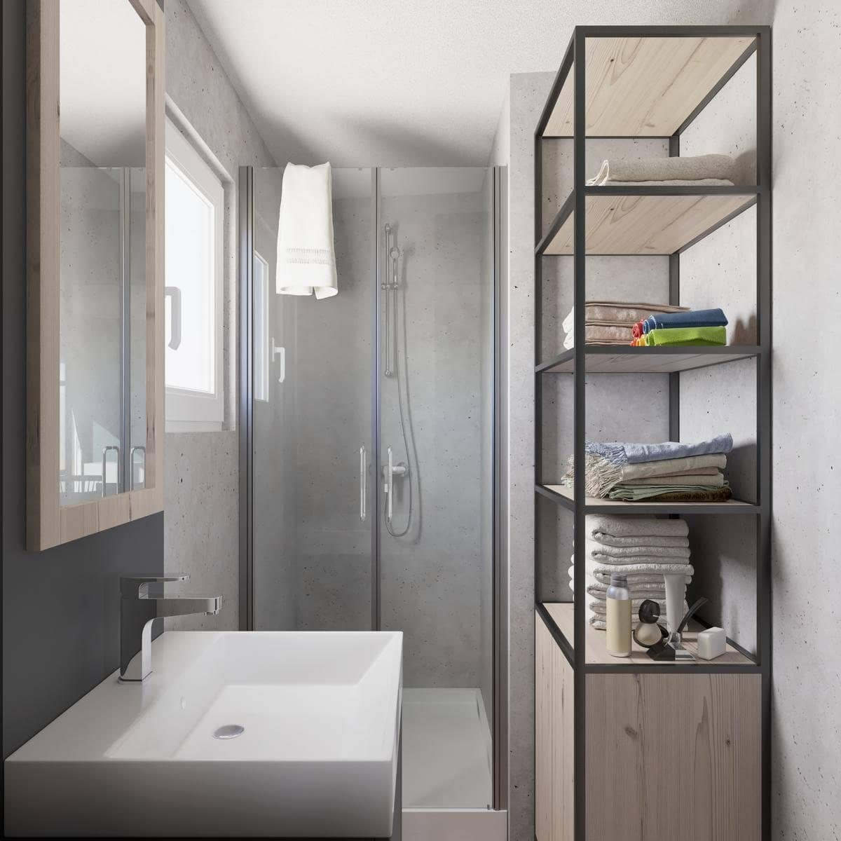 Badezimmer mit Dusche und Waschbecken im Skia
