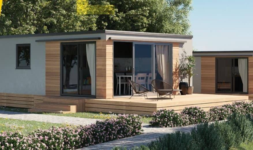Mobile Home Vertix mit Holzfassade und Terrasse