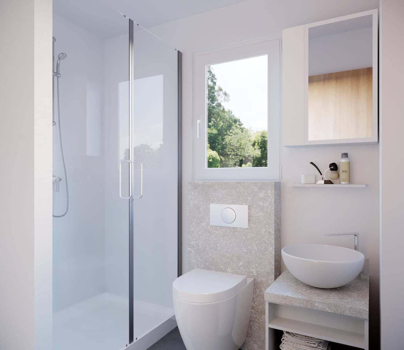Badezimmer mit Dusche, Waschbecken und WC im Vertix