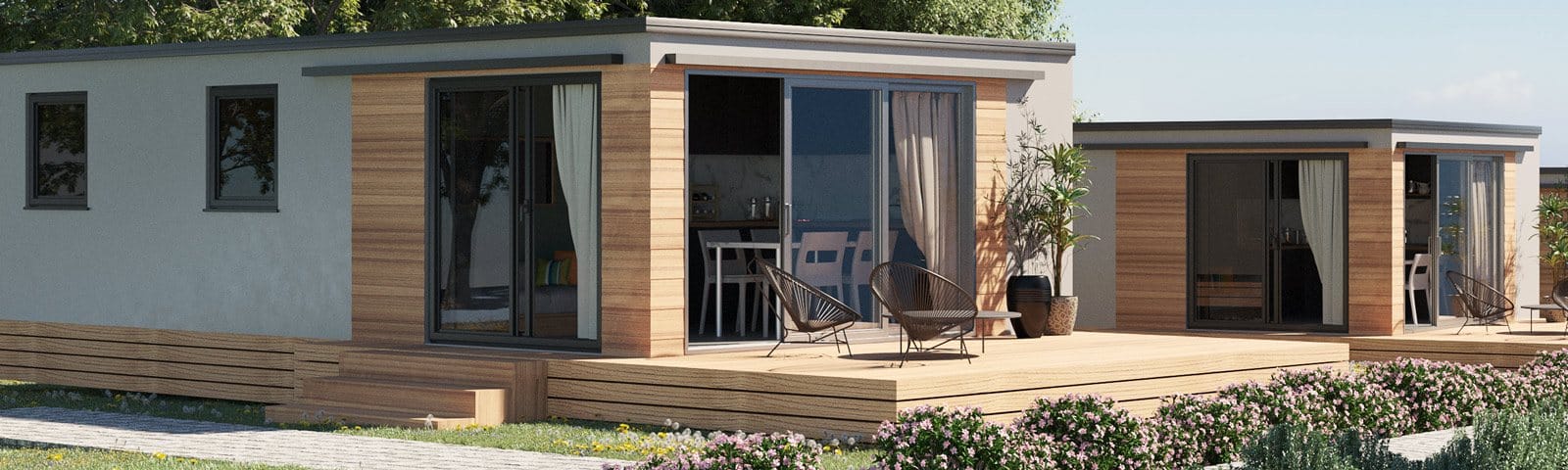Zwei Mobile Homes Vertix mit überdachter Terrasse